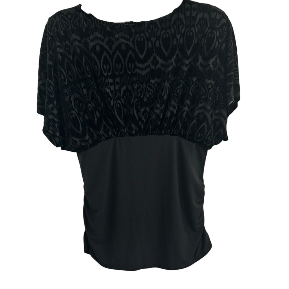 Ellen Tracy Black Draped Ikat Blouse – Minimalist Chic / Modern Boho Vibes